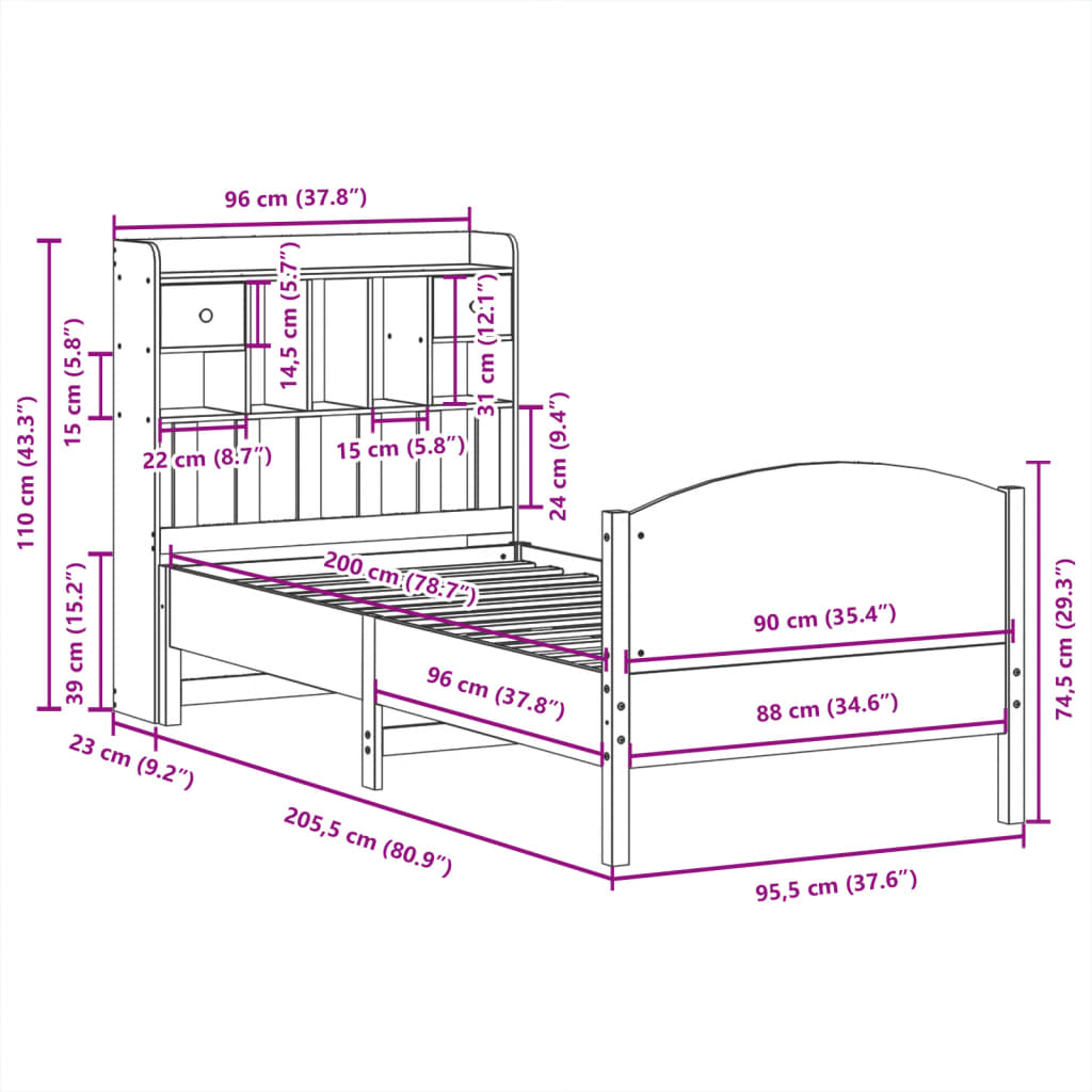 Massivholzbett mit Regal ohne Matratze Wachsbraun 90x200 cm