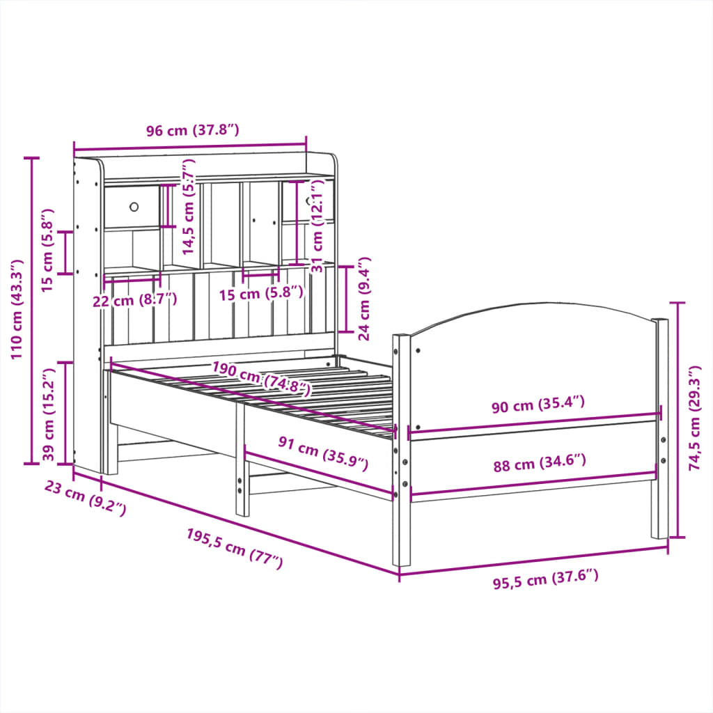 Massivholzbett mit Regal ohne Matratze Wachsbraun 90x190 cm