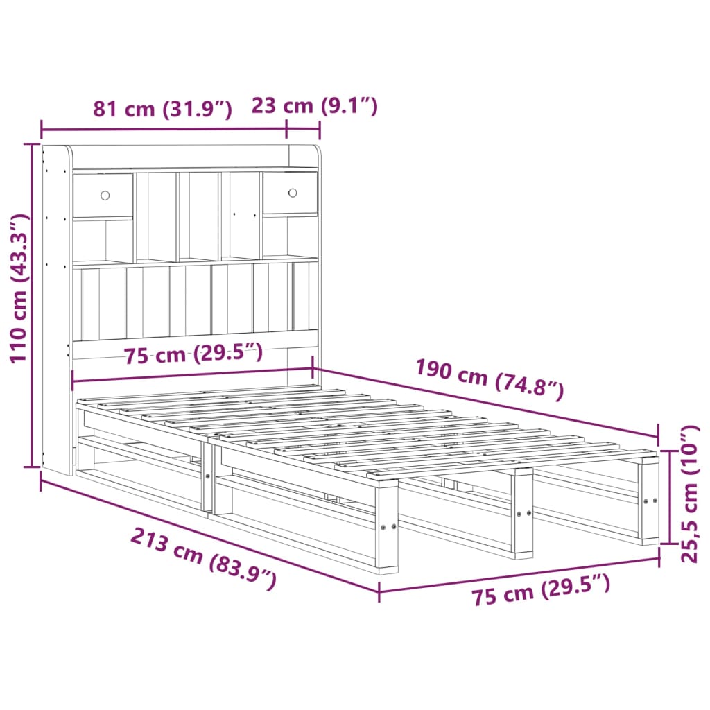 Massivholzbett mit Regal ohne Matratze Wachsbraun 75x190 cm